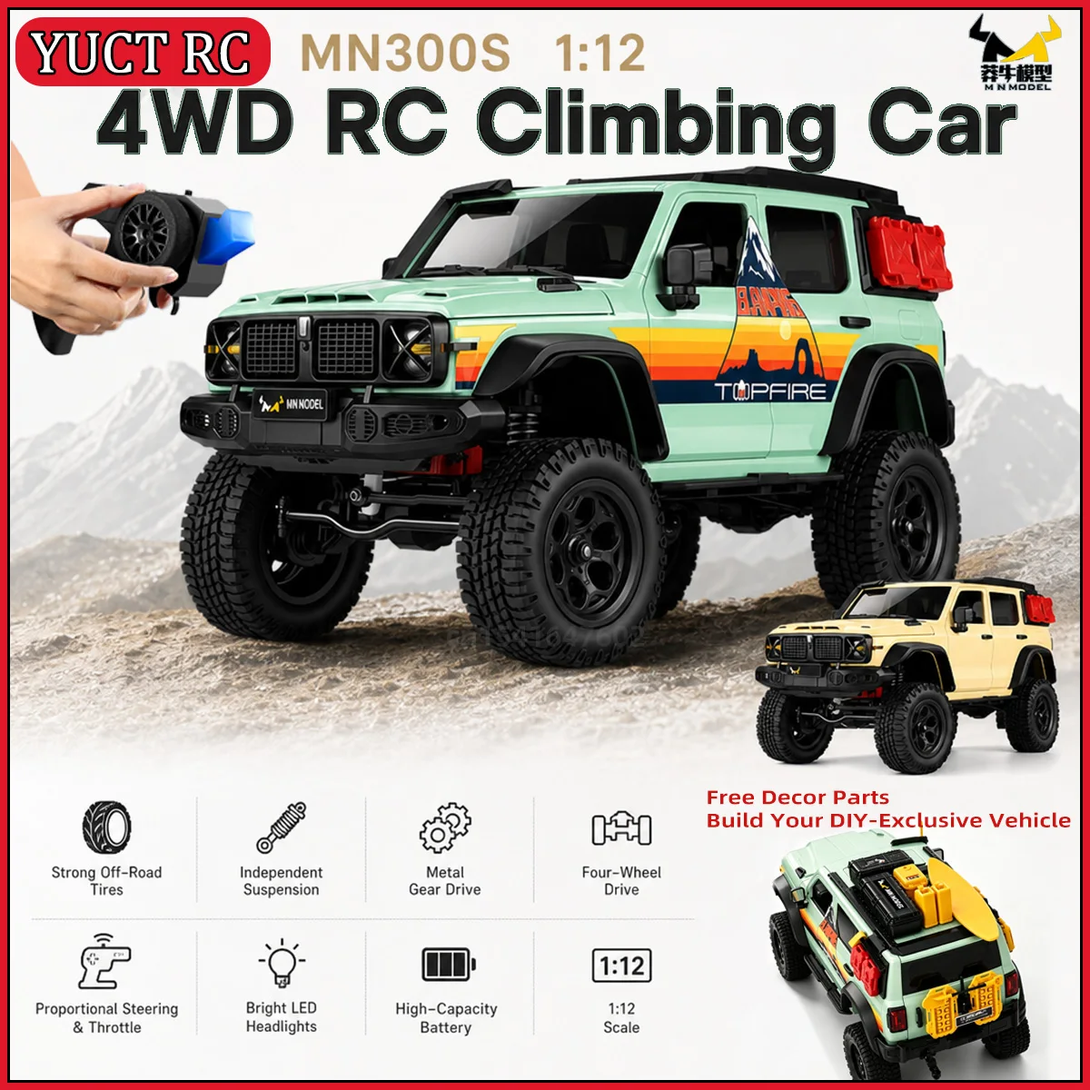 MN MN300S 1/12 Topfire RC Crawler Off-road Car 4WD Full‑Scale 2.4GHz All‑Terrain Off‑Road Climbing Vehicle with LED Light Toys