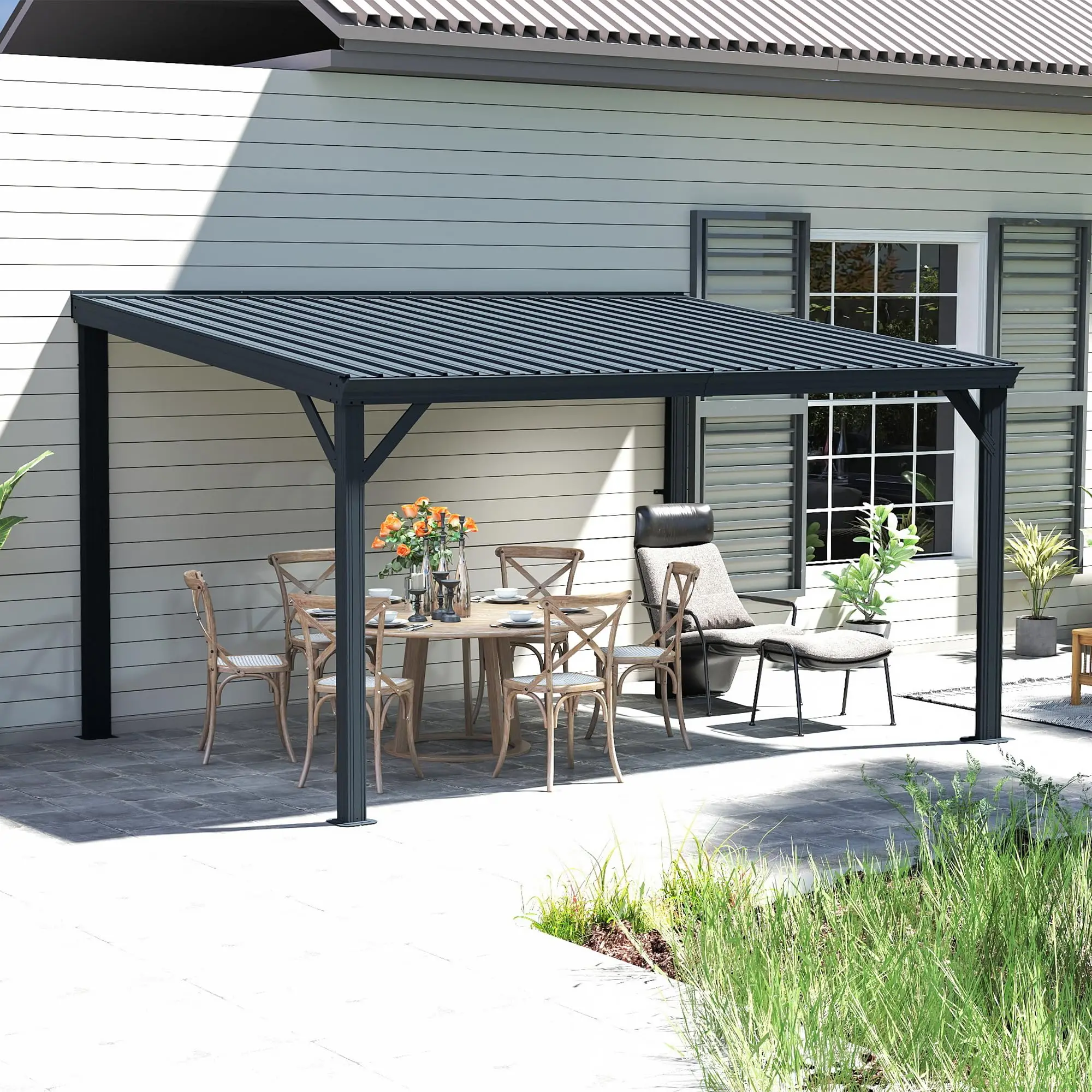 Pérgola exterior moderna de lujo, pérgola de jardín de metal con techo de persiana impermeable de aluminio