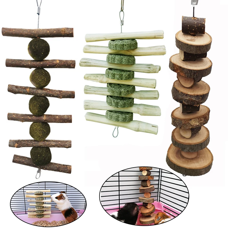 Pet Wooden Tooth Grinding Toys Hamster Rabbit Tree Branch Grass Ball Teeth Chewing Toys for Chinchilla Guinea pig Cage Accessory