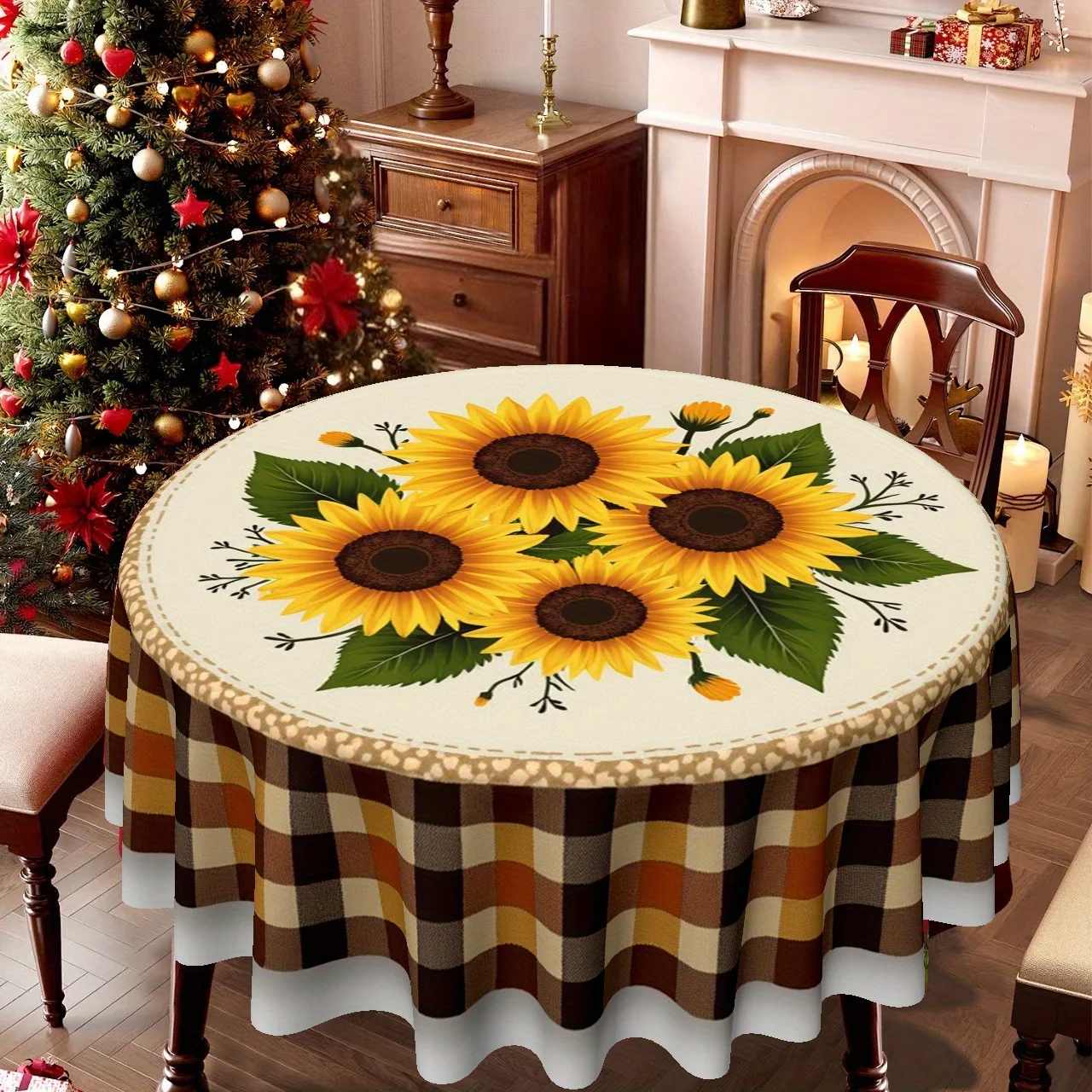 1 tablecloth, Christmas, sunflower-themed round tablecloth, suitable for restaurants and kitchens