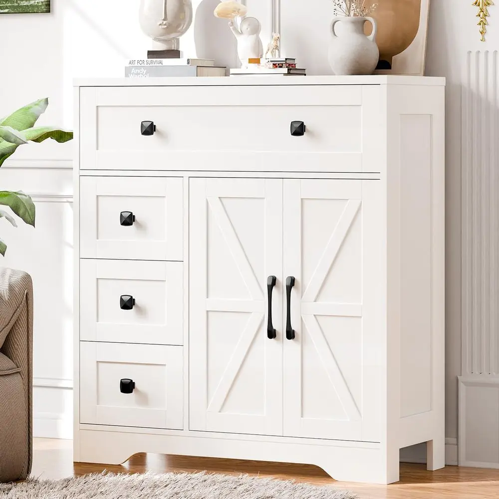 

Farmhouse Storage Cabinet with 2 Doors and 4 Drawers, Freestanding Bathroom Storage Cabinet Kitchen Pantry, Floor Hutch Cupboar