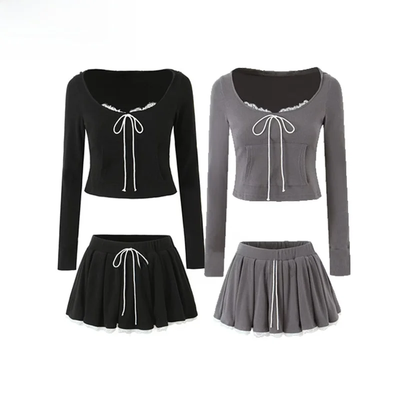 Setelan Blus Hoodie Panjang dengan Patchwork Renda Pure Desire Sle, Rok, Busana Wanita Streetwear, Serat Poliester, Hangat, V-ne