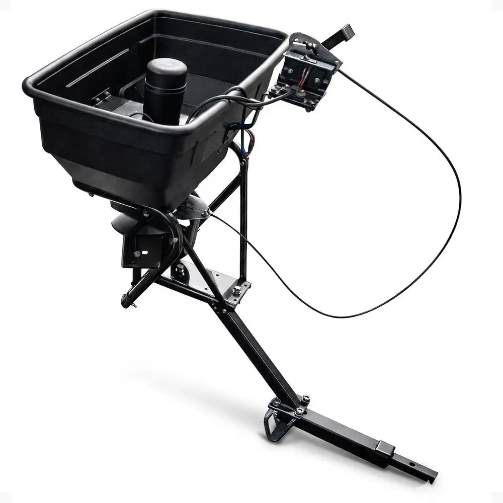Universal Hitch-Mounted Grass Seed Spreader with Rain Shield for ATVs, UTVs, and Tractors, Black