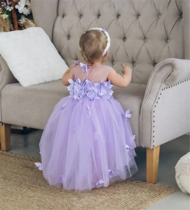 Vestido de tul lila con mariposas 3D para niña, traje de tutú infantil con cuello transparente, regalo de cumpleaños y Navidad, novedad