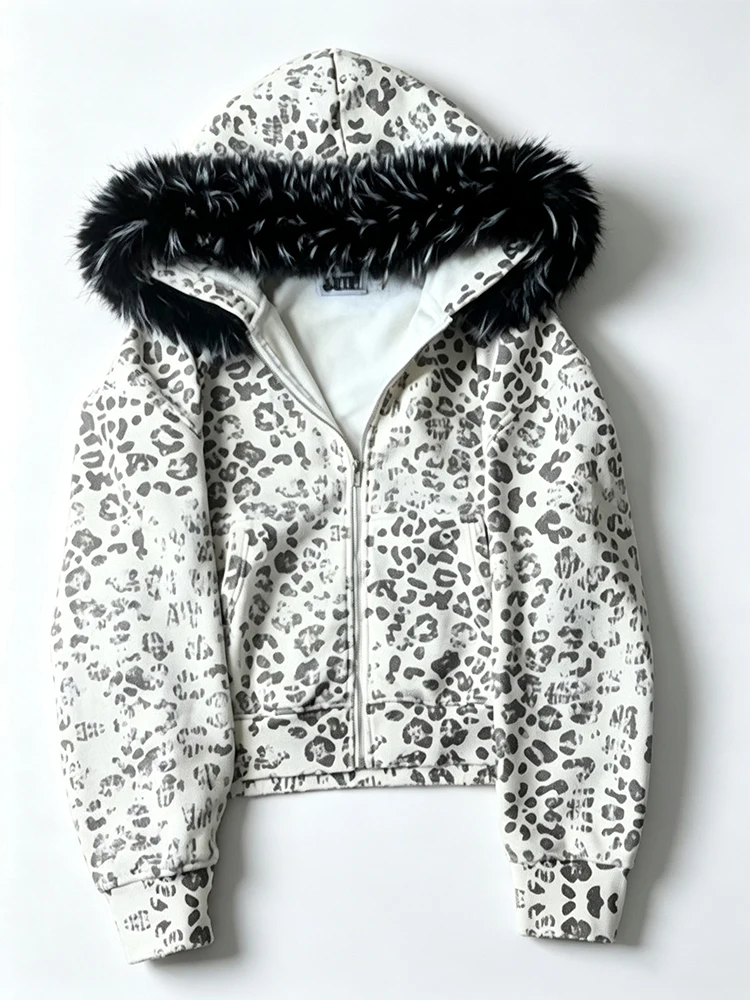 Men's and women's detachable faux fur hood zipper short style retro gray leopard print Y2K Grunge short hoodie street jacket