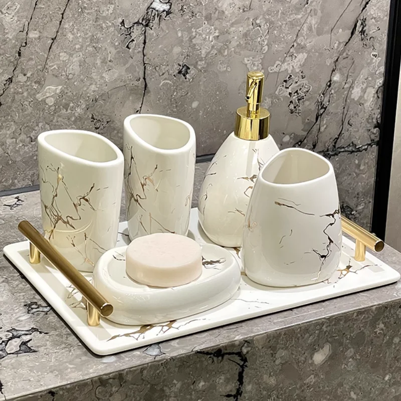 Bathroom Accessories Set Ceramic  Toothpaste Dispenser  Bathroom Cup  Toothbrush Holder Soap Dish Nordic Platinum Marble Texture