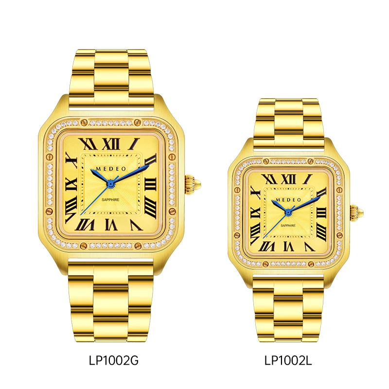 

High Quality Stainless Steel Rectangle Gold Lover Watch Sapphire Glass Diamond All Gold Couple Wristwatch Men and Women