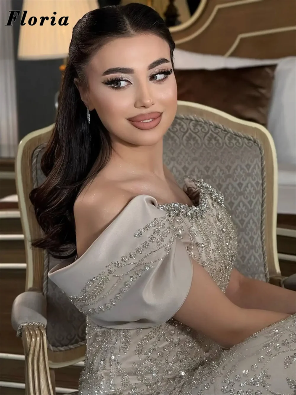 Champagne Off Shoulder Evening Dresses With Detachable Skirt Luxury Beading Crystals Party Dress Prom Robes De Soiree Customized