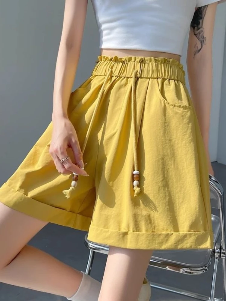 

Elastic high waisted drawstring ice silk shorts women in summer new thin fit loose casual A-line rolled edge wide leg pants