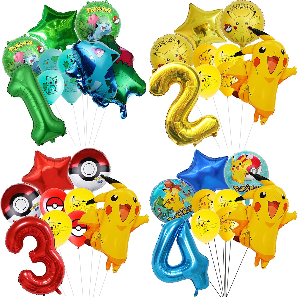 Buket mainan balon pesta ulang tahun Pokemon, dekorasi Pikachu 32 inci nomor, balon kedua blobo untuk anak laki-laki dan perempuan