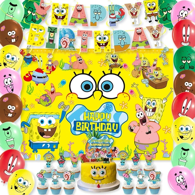 

SpongeBob SquarePants themed birthday party flag raising spiral hanging decoration cake insert balloon background decoration set