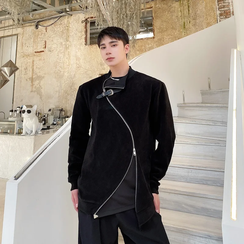 

k Sle Asymmetric Zipper Hoodie Men's High Street Loose Fit Stand Collar Open Cardigan Top Youth Faion Polyester Fiber