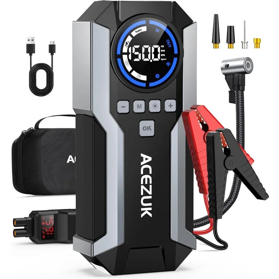 

Portable 12V Car Jump Starter with Air Compressor 8000A 150PSI for All Gas and 10.0L Diesel Engines High-Capacity Jump Starter