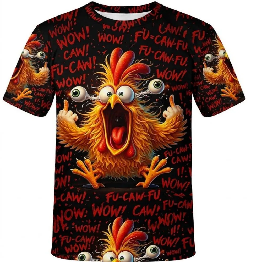 Crazy Screaming Chicken Middle Finger Rooster Graphic T-Shirt 3D Print Funny Animal Short Sleeve Tops
