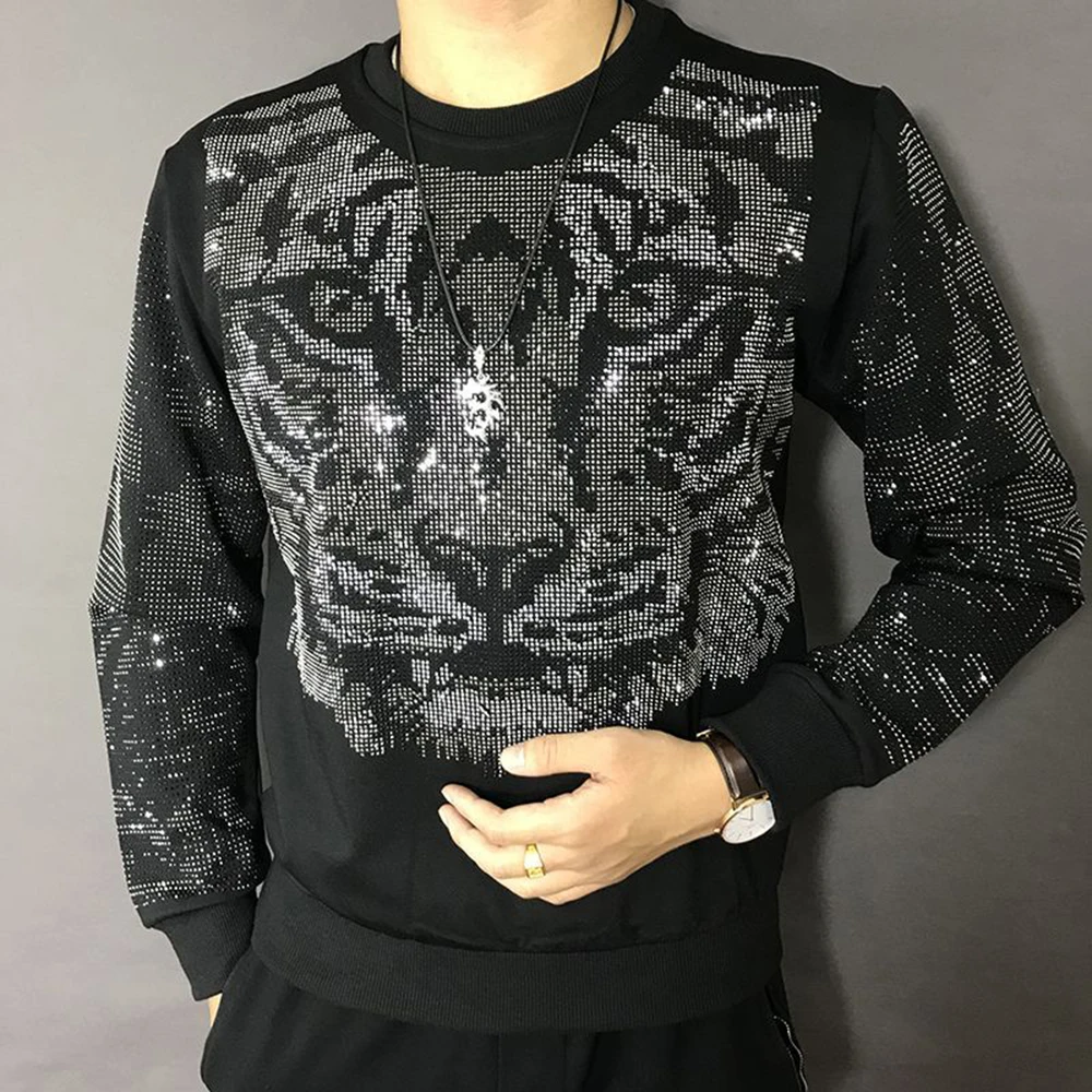 Mens Autumn Winter Fashion Tiger Head Diamond Long-Sleeve T Shirt Nightclub Personality Youth Trend Heavy Industry Top For Men