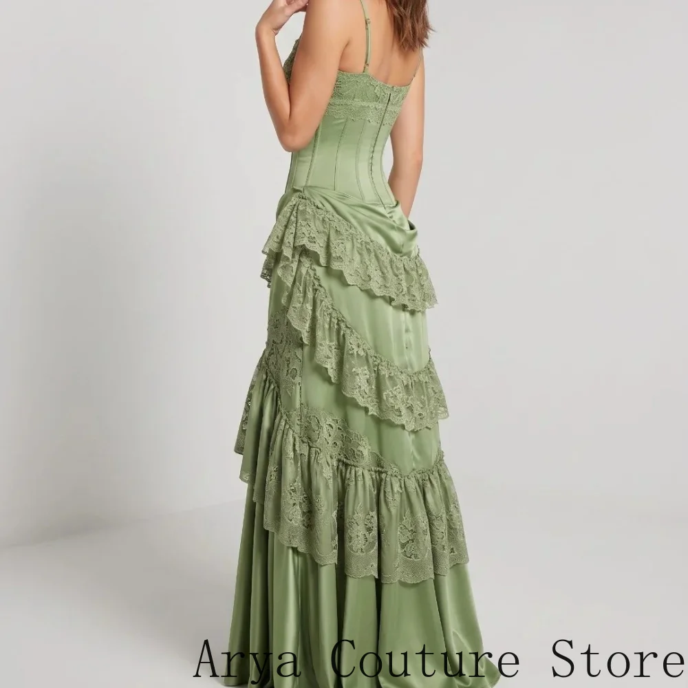 Elegant Olive Green Corset Evening Dress for Women V‑Neck Boned Corset Bodice Waist Ruffle Detail Multi‑Layer Lace Ruffle