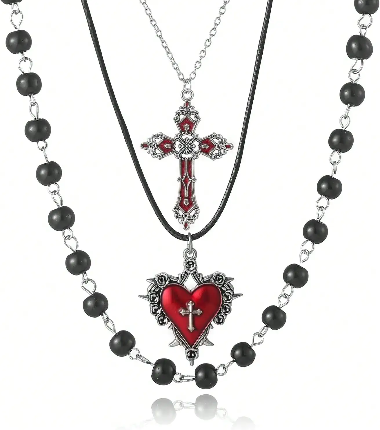 

Многослойное готическое ожерелье с красным эмалевым крестом и подвеской в виде сердца