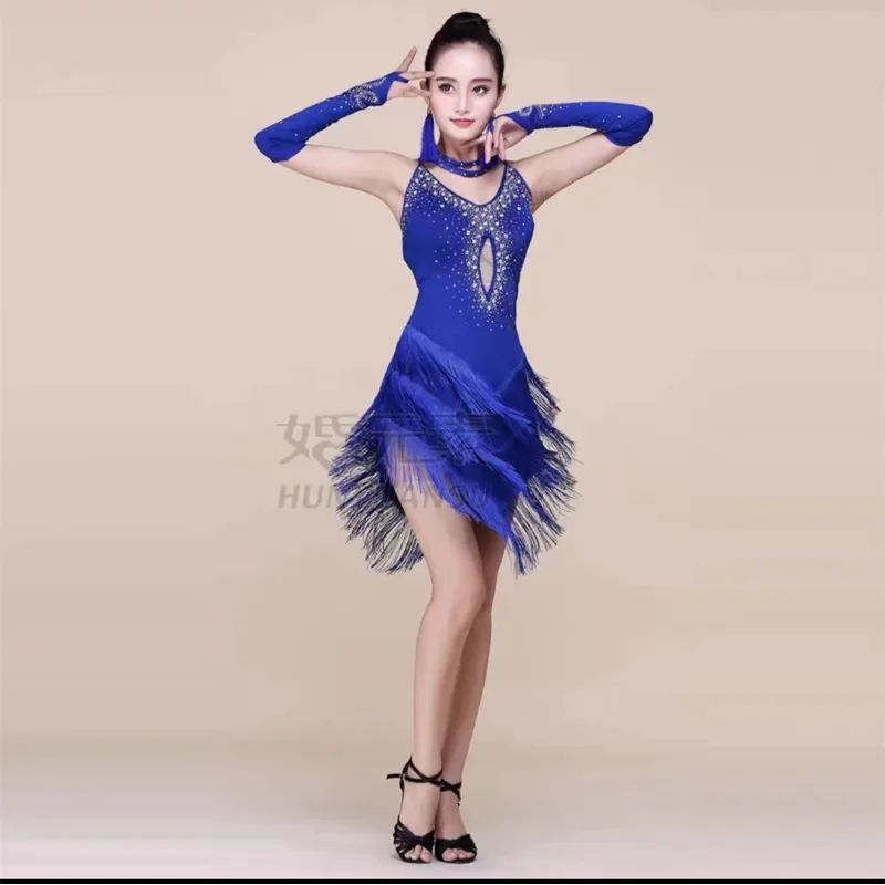 Latin Dance Fringe Dress Woman Tassel Sexy Rhinestone Ballroom Tango Salsa Tango Dance Costume Red Black Performance Stage Wear