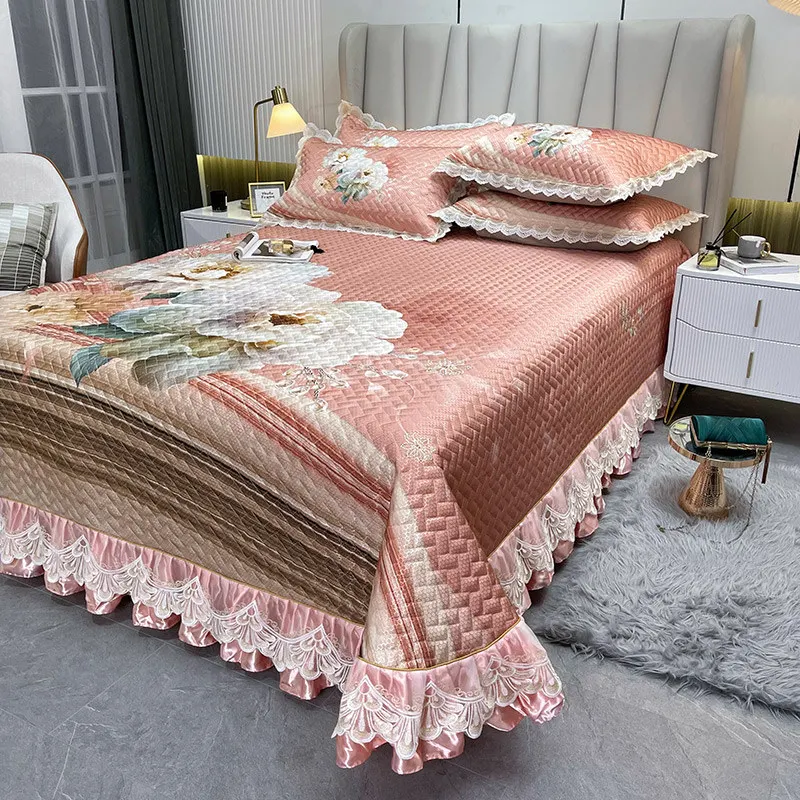 Printed Summer Cooling Bedspread 250x270cm Coverlets Quilted Flower Queen Bed Cover Ruffles Double with 2 Pillowcases Washable