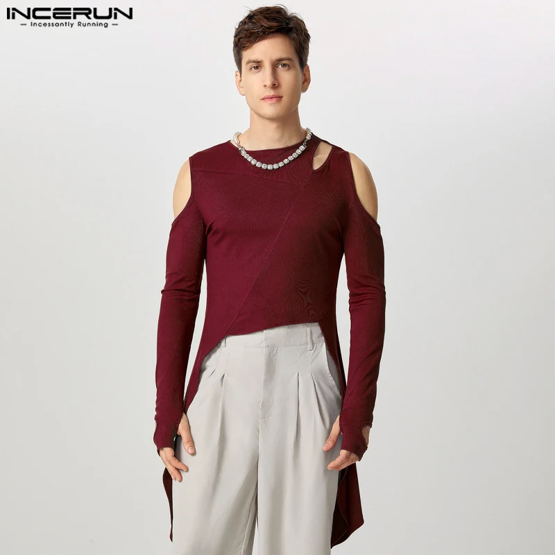 INCERUN New Men's Tops Deconstruction Hollow Irregular Hem T-shirts Stylish Male Solid Half Thimble Long Sleeved Camiseta S-5XL