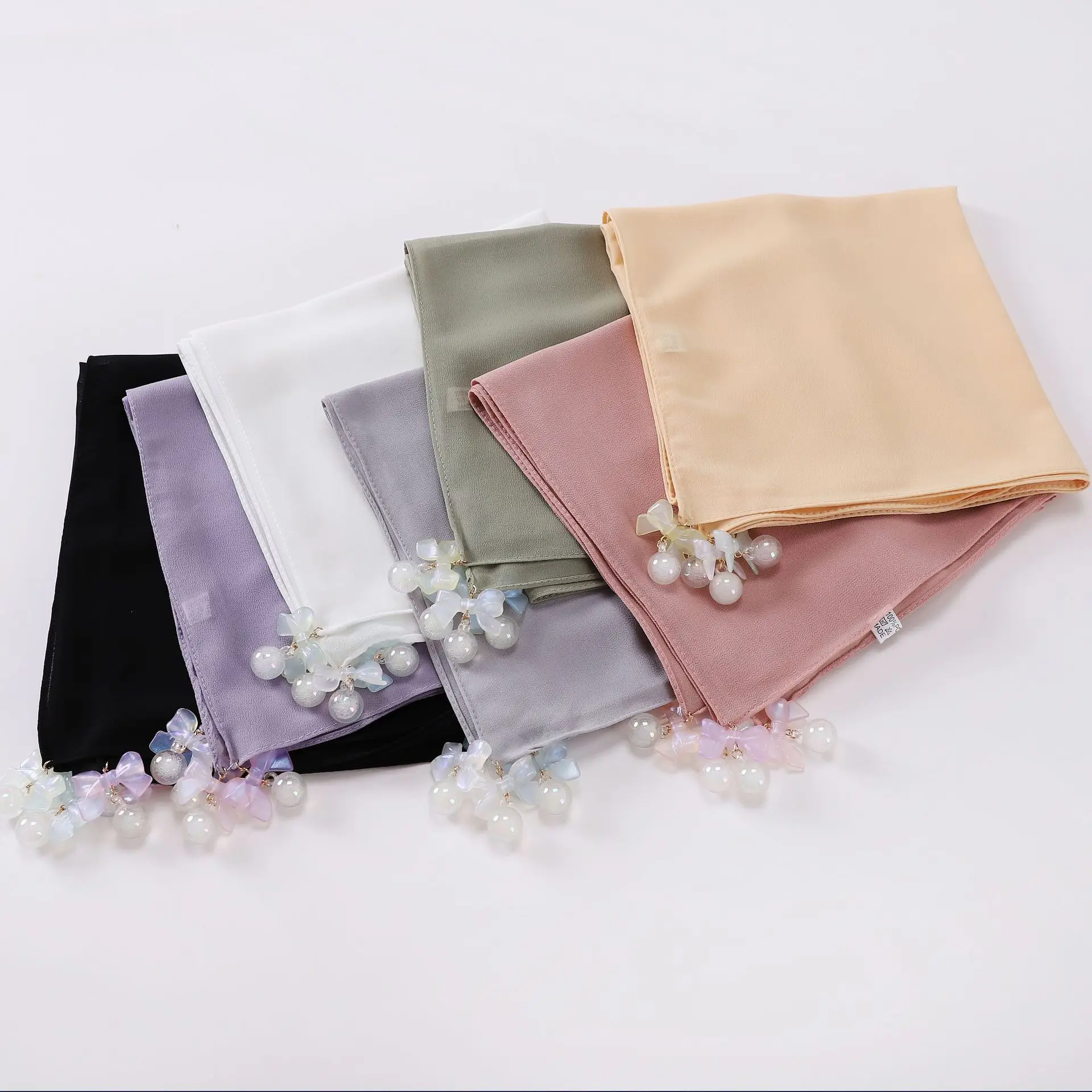 90cm Resin Bow Pearl Chiffon Tudung Hijab Bawal Square Scarf Shawls Muslim Women Turban Hijab With Accessories Islam Femal