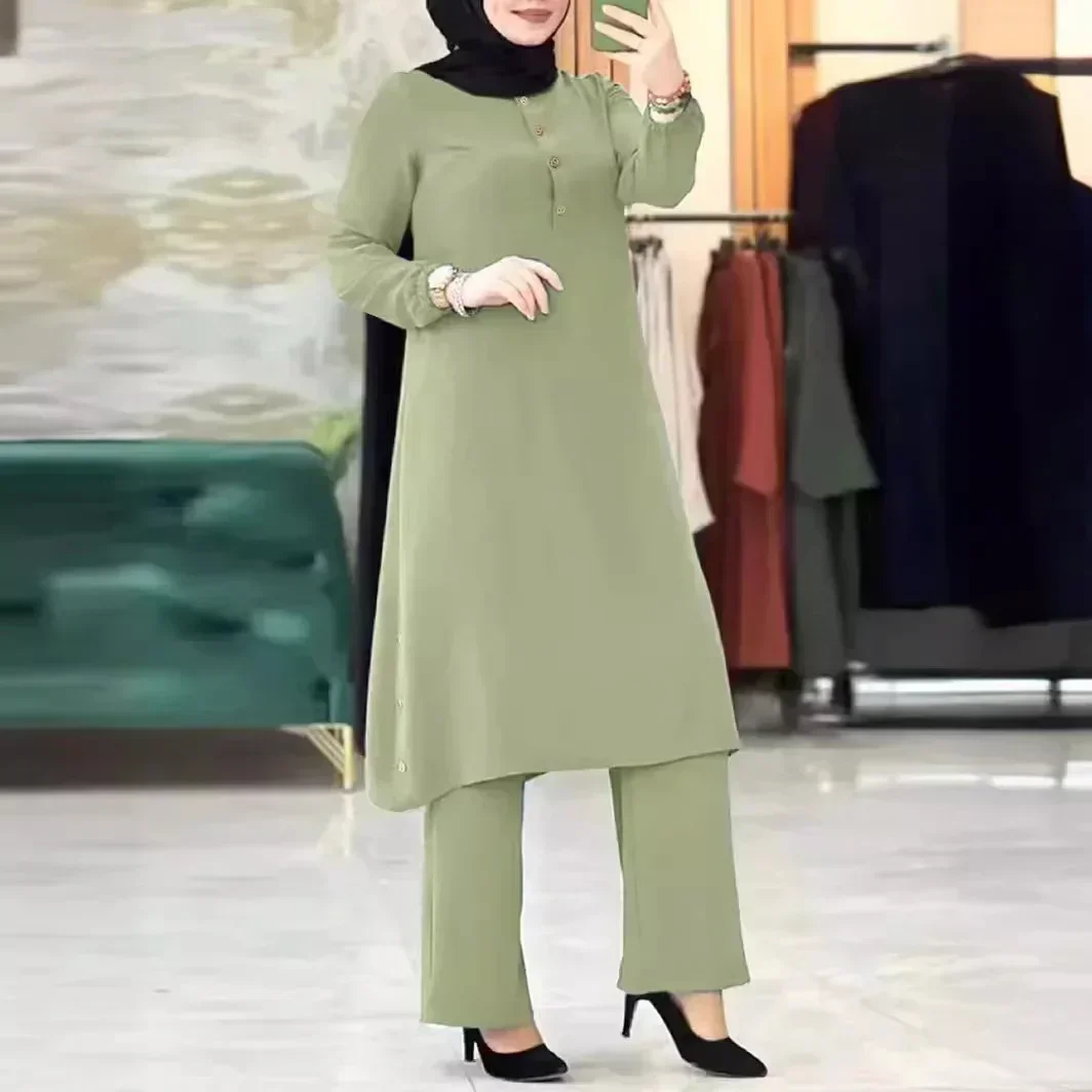 Muslim Abaya Suit Elegant Women Matching Sets Fashion Long Shirt Tops & Wide Leg Pants Ramadan Outfits Urban Tracksuits