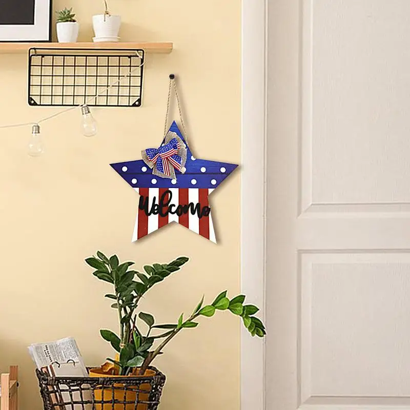 Segno della porta del 4 luglio American Love Red Blue Wood Door Hanger Independence Day Door Sign con Cute Bow Outdoor Outdoor portico