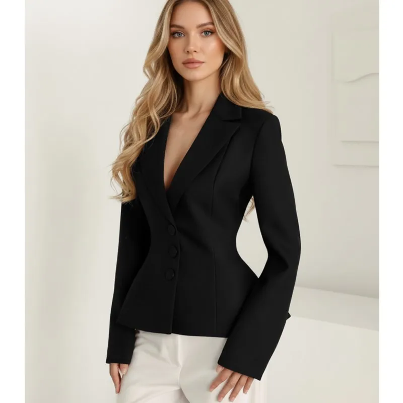 

Women's 2025 Solid Tailored Blazer Double-Breasted Lapel Slim Waist-Cinched Jacket Long-Sleeve Buttoned Cuff Office Lady Shirts