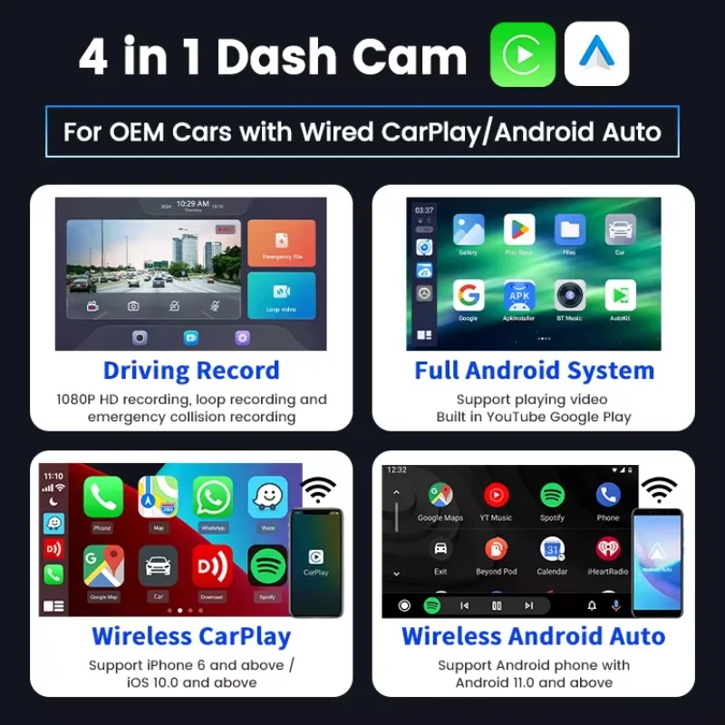 Carlinkit 128GB 1080P Car Dash Cam Dvr Android Auto Nuovo sistema Android Adattatore Carplay wireless con registrazione di guida YouTube