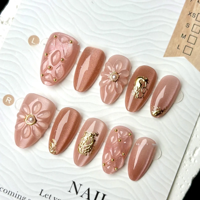 

24 шт. Роскошные кошачьи глаза, милые 3D цветы, миндаль, пресс на ногтях, золотые узоры, французские накладные ногти для женщин, простые ногти, носимые