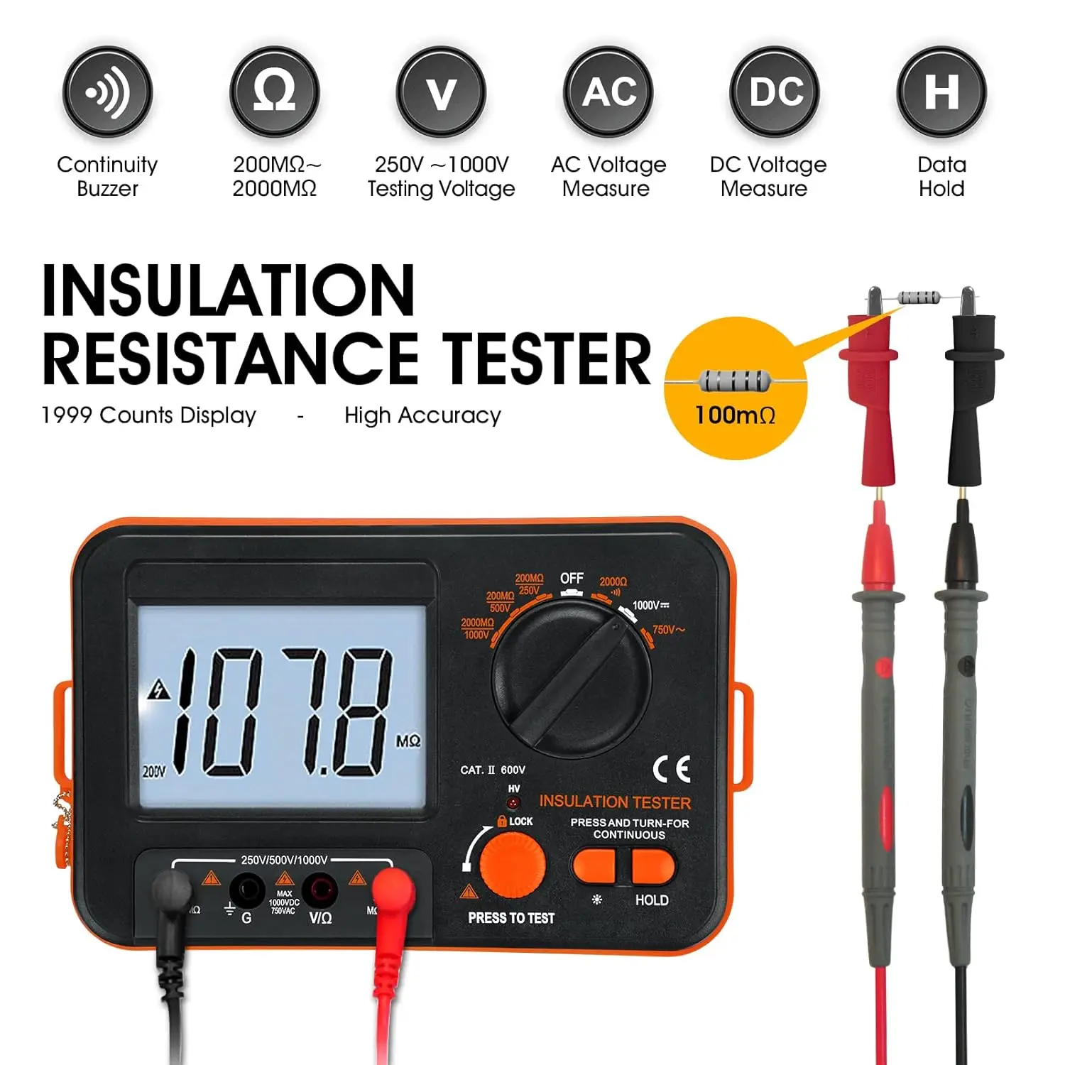 Digital Insulation Resistance Tester, Megohmmeter 0.1~200 MΩ, 250V/500V/750V/1000V Test Voltages, Backlit Display