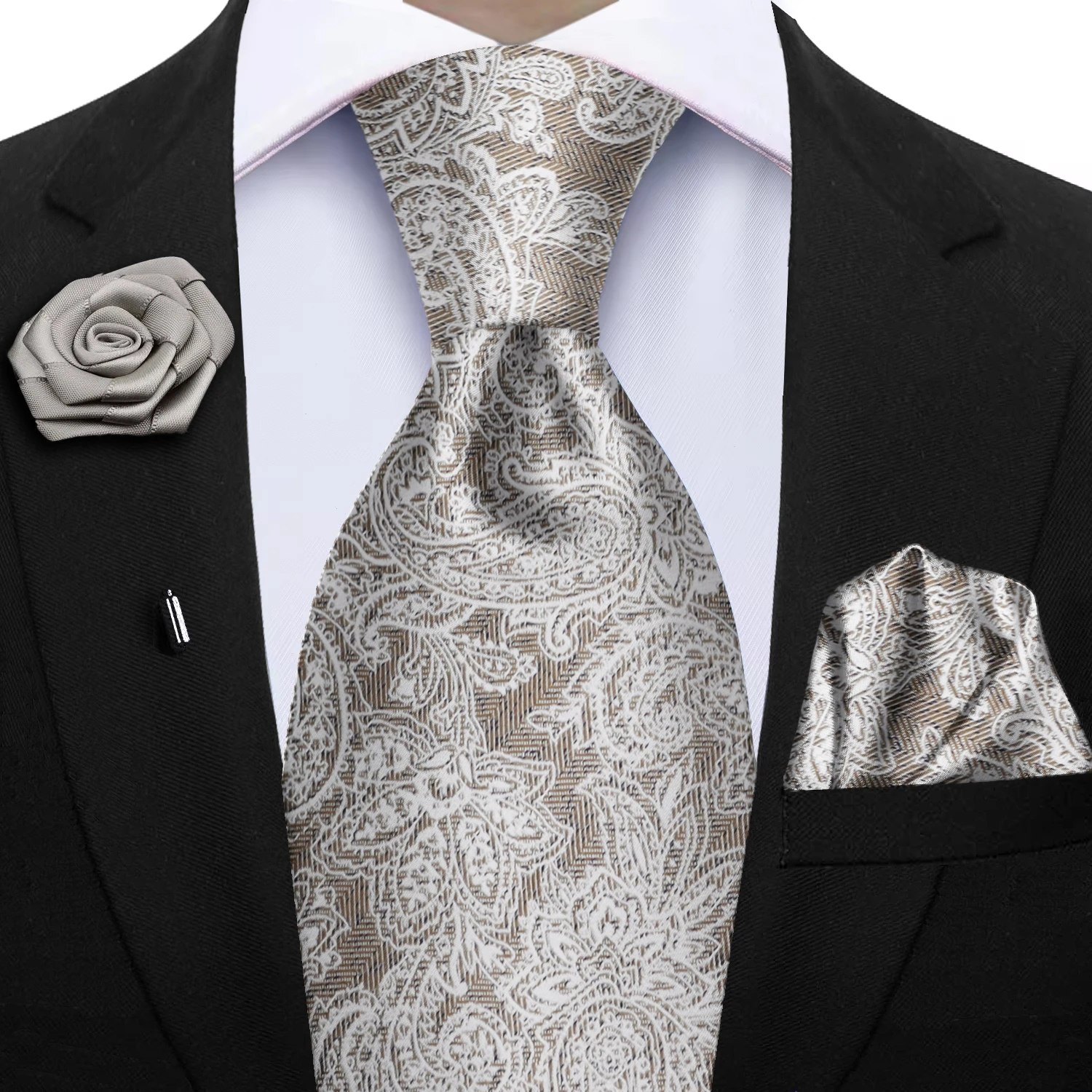 Champagne Gold-color Silk Mens Elegant Ties Fashion Mens Necktie Pocket Square Cufflinks Brooch Set Business Party Wedding