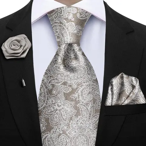 Champagne Gold-color Silk Mens Elegant Ties Fashion Mens Necktie Pocket Square Cufflinks Brooch Set Business Party Wedding