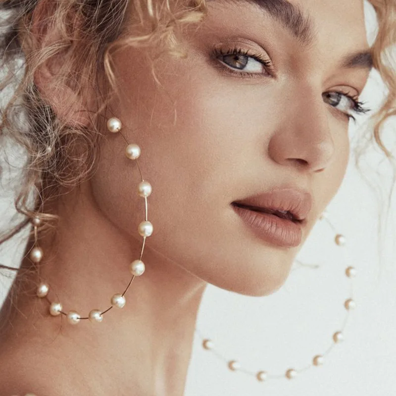 Pearl Large Hoops Earrings Luxury Pearl Round Loop Earring For Women Weding Creole Jewelry Pendientes Aros