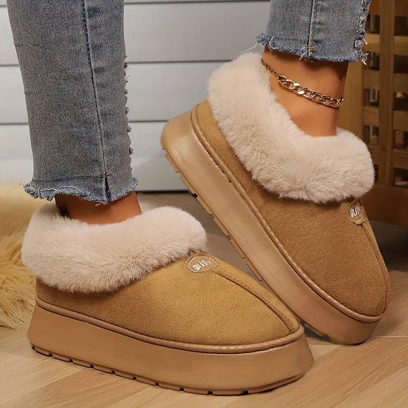 

Women Home Floor Cotton Slippers Winter Warm Women's Snow Boots Faux Fur Fluffy Slippers Non-Slip Thick Sole Ankle Boots for Men