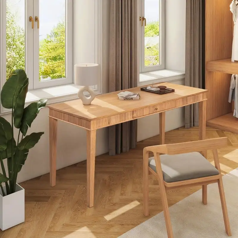 

Modern Farmhouse Writing Desk, 1-Drawer Fluted Design, Natural Blonde Solid Rubberwood & Veneer, Home Office Furniture