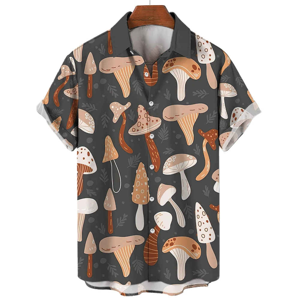 Summer Men\'s Hawaiian Shirt Lapel Short Sleeve Colorful Element Mushroom Pattern 3D Printing Button Trend Casual Shirts Tops 5XL