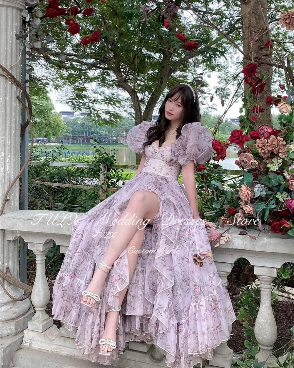 TULX – robe de soirée à imprimé floral violet, manches bouffantes, ligne A, longue à volants, robes d'occasion formelles personnalisées