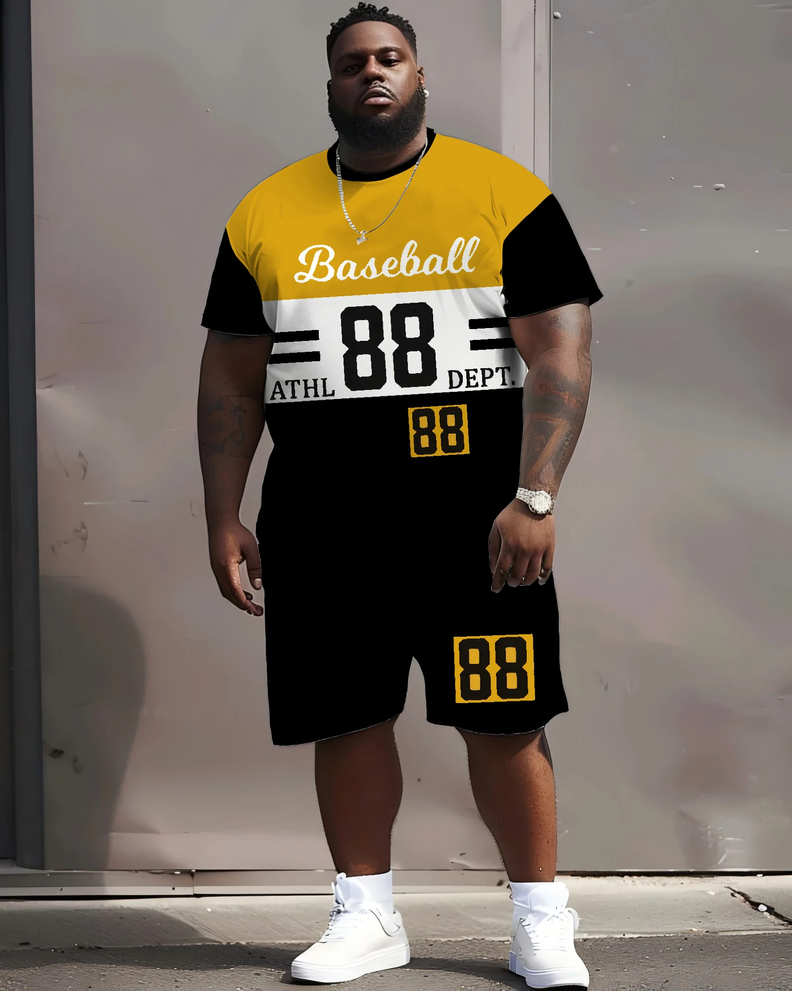 

The best-selling oversized fashion design checkered contrasting color 88 men's short-sleeved T-shirt and shorts set in 2025