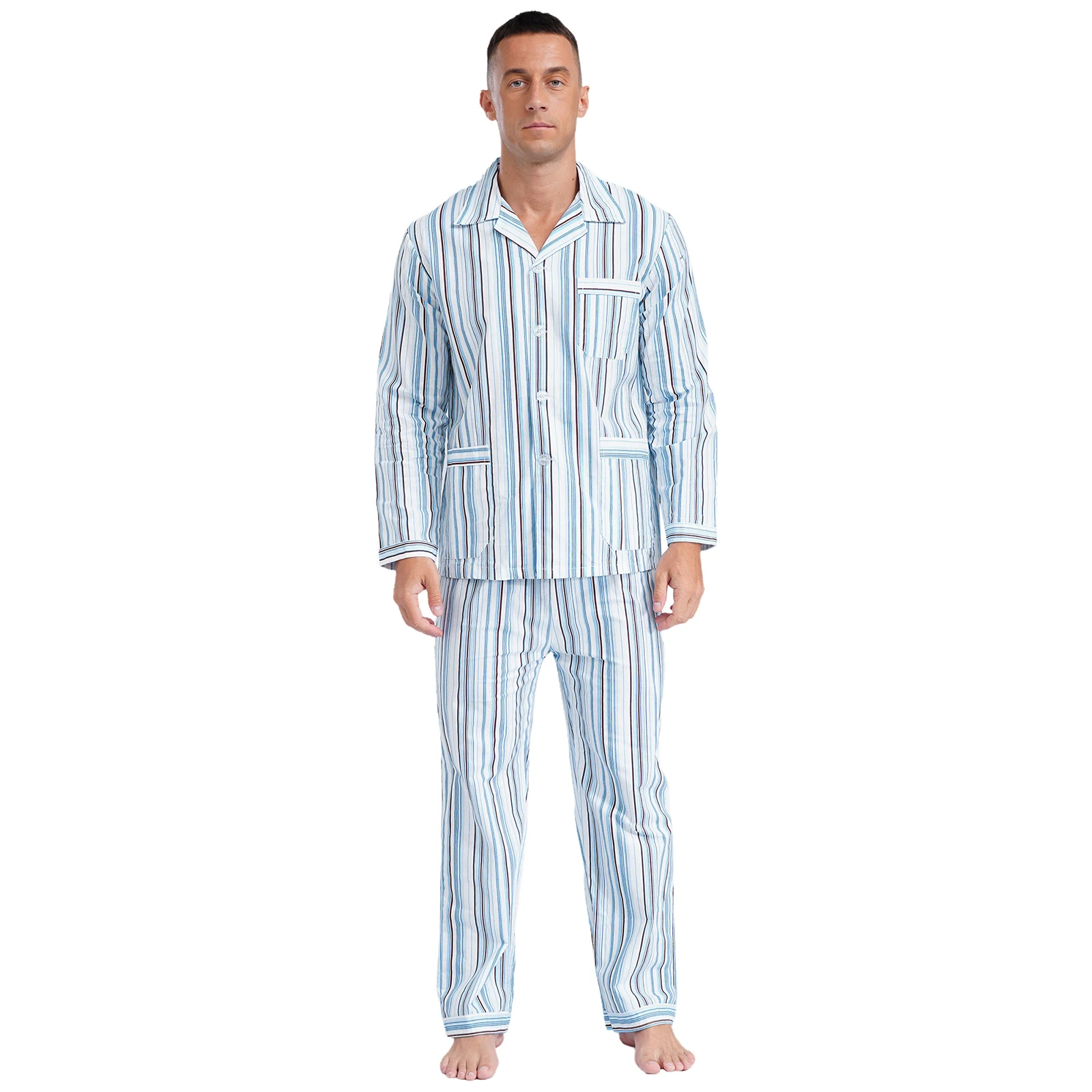 Adult Men Cotton Soft Striped Pajama Set Loungewear Sleepwear Long Short Sleeve Button Down Shirts And Long Pants Set Homewear