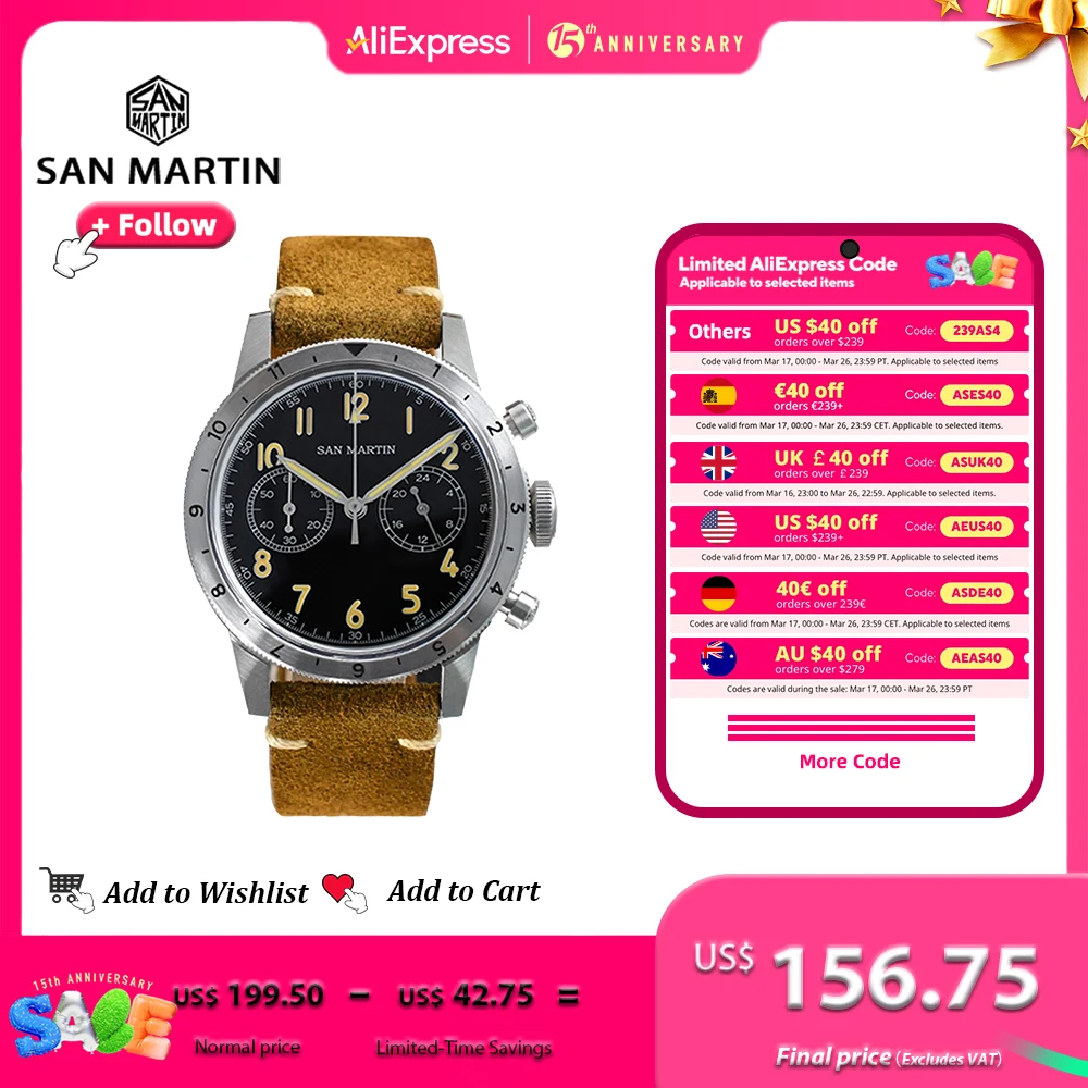 Reloj San Martin Vintage para hombre, de estilo militar VK64 reloj de cuarzo, cronógrafo de piloto negro, 0 haga clic en el bisel Retro luminoso 10Bar SN0127