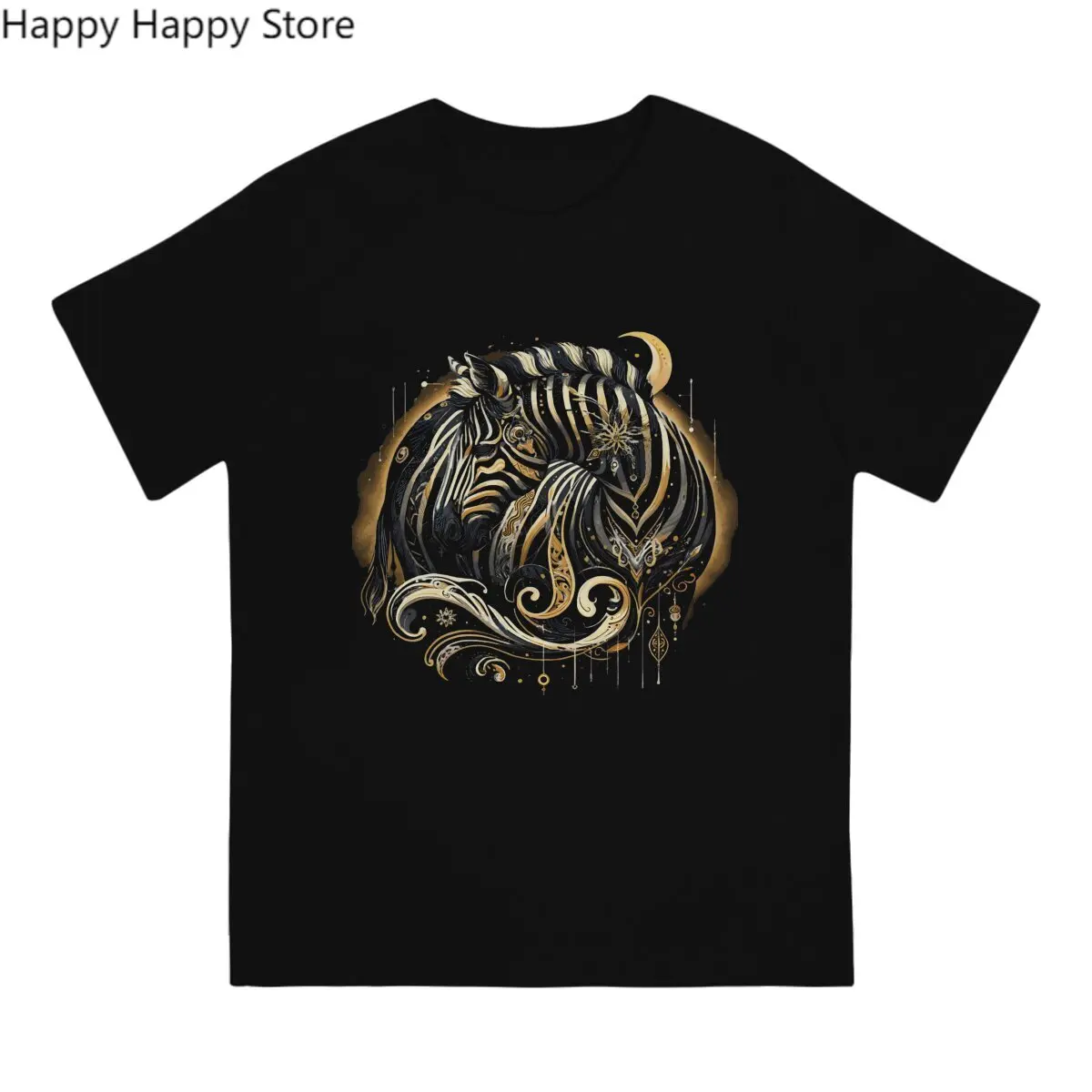 Zebra Animal Newest TShirt for Men Golden  Portrait  A Tapestry Of Celestial Wonder Round Neck Polyester T Shirt