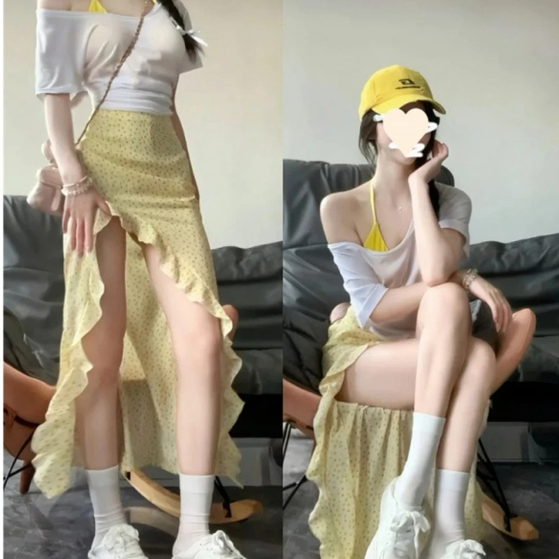 

Лето 202, новая юбка с цветочным принтом для женщин, желтая юбка трапециевидной формы с рюшами, модная милая женская юбка в стиле пляжного отдыха