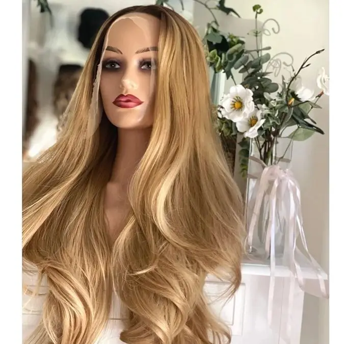 Ombre mel loira onda solta peruca de cabelo peruca dianteira do laço para as mulheres perucas dianteiras do laço sintético peruca preplucked linha fina com cabelo do bebê