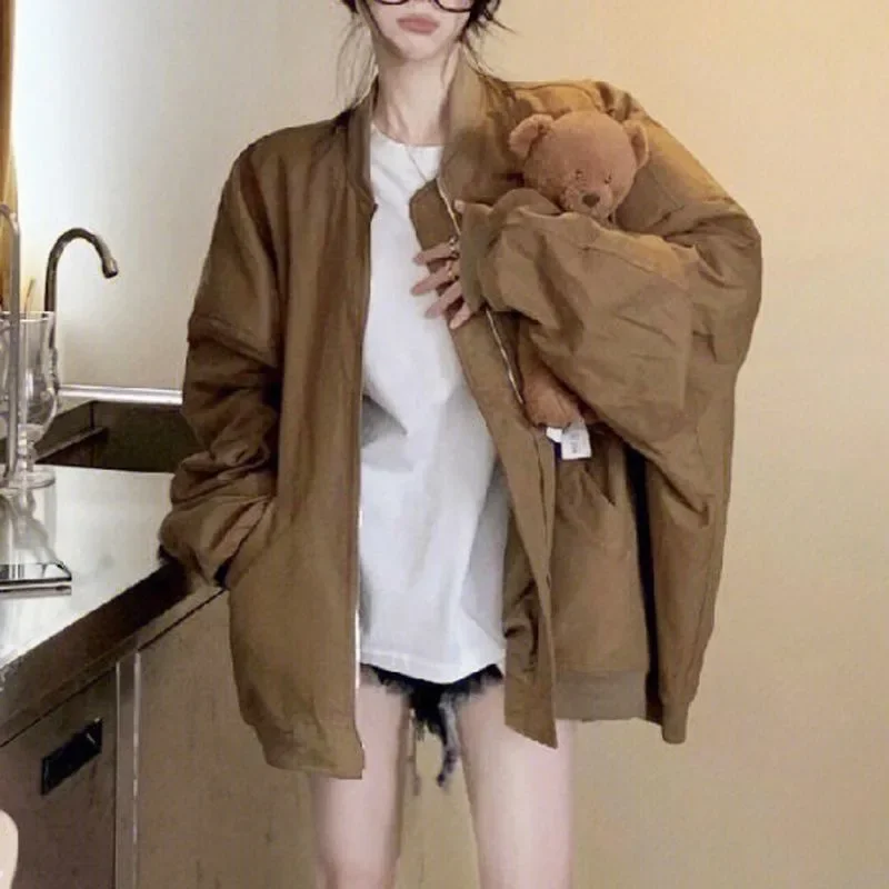 Jackets Women Loose Coats Vintage High Street Slouchy Casual Korean Fashion Personality Soft Cargo Outwear All-match Females New