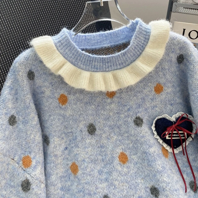 Sweet Fungus Polka Dot Jacquard Knitwear Pullover New Loose Lazy Pull Femme Slim Knit Lovely All-match Casual Moda Mujer