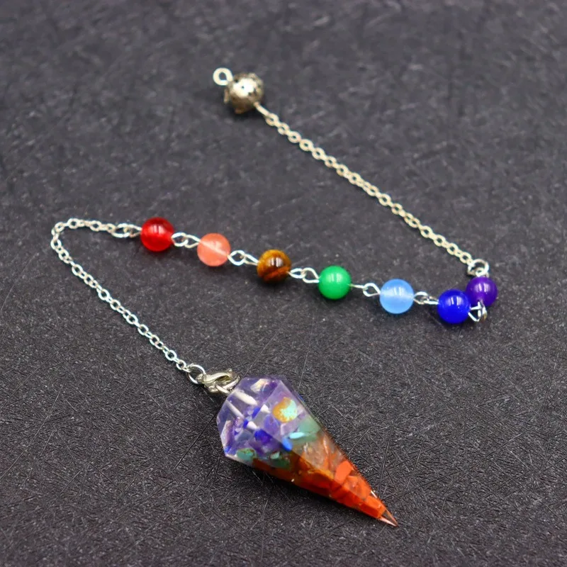 7 Chakras Chain Resin Hexagon Pointed Cone Pendant Pendulum Decoration Reiki Healing Yoga Natural Stones Jewelry DIY Necklace