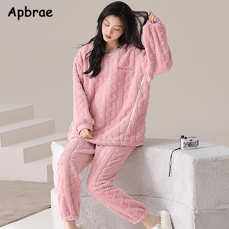 Winter New Flannel Soft Warm Women\'s Pajamas Round Neck Long Sleeve Women Two Piece Set Pijamas Cartoon Pajama Sets