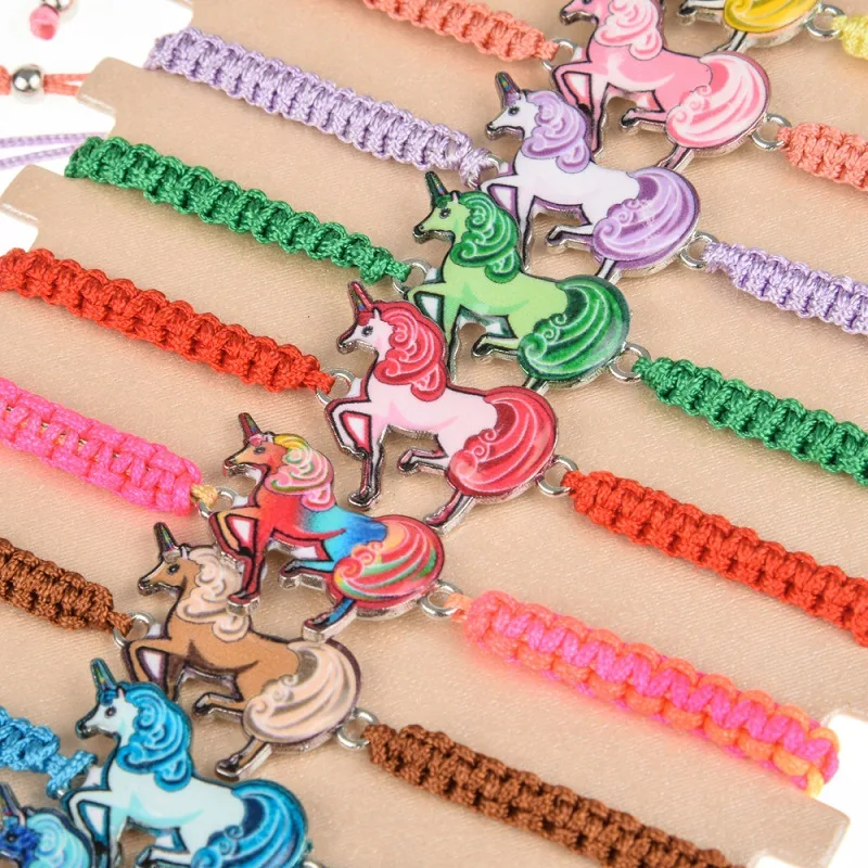 12Pcs/Lot Animal Unicorn Horse Charm Bracelets For Women Kids Handmade Colorful Braided Rope Adjustable Wristband Female Jewelry