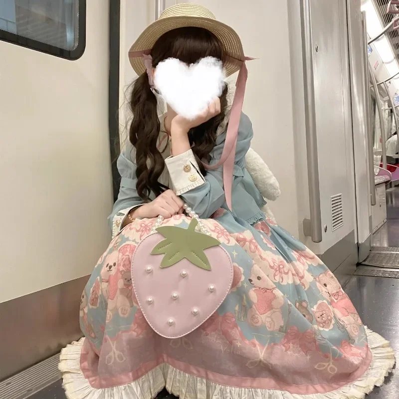 Zimowa torebka Lolita słodka truskawkowa torba Crossbody JK jednolity torebki z koralikami Kawaii dla kobiet elegancka torba na ramię Bolso